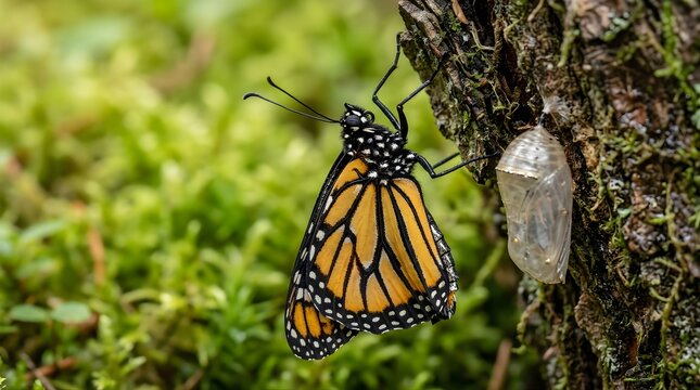 Monarch butterfly emerging from a chrysalis on a tree bark in nature