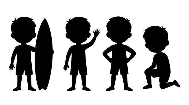 Four black cartoon boy silhouettes in various poses for creative projects