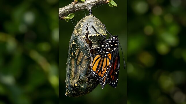 Monarch butterfly emerging from its chrysalis on a green garden branch