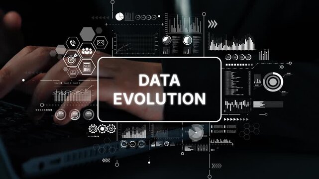 Hands on Keyboard with Digital Data Graphics Illustrating Concept of Data Evolution and Modern Technology in Business Environment. Asymptotic smart data analytic.