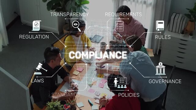 A diverse group of professionals collaborates in an office setting, discussing compliance strategies. Visual elements highlight key aspects like regulation and governance. Raster