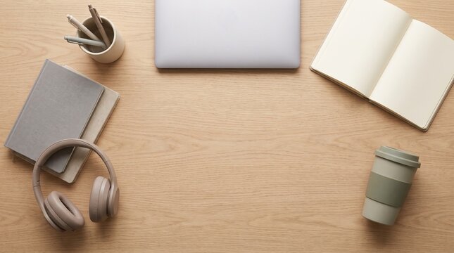 Minimalist desk setup with laptop, notebooks, headphones, pens, and coffee cup