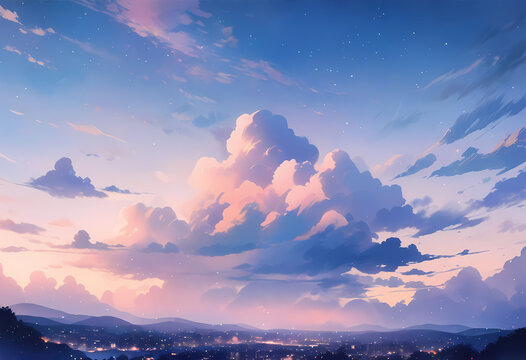Dramatic cumulus clouds floating in blue sky at sunset, scenic horizon background
