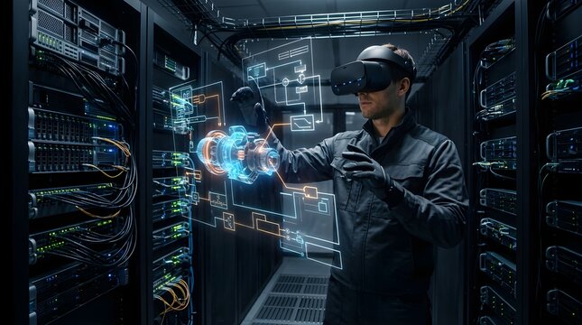 Technician using virtual reality headset for server maintenance in data center