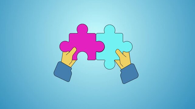 looping video of elegant minimalist illustration of animated hands connecting puzzles