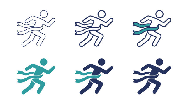 Runner crossing finish line icon set victory concept