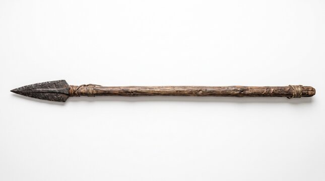 Ancient iron spear. Primitive weapon with wooden shaft. Historical relic.