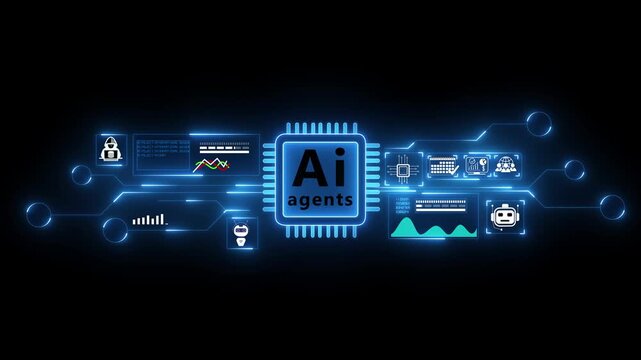 Artificial Intelligence processor unit. Powerful Quantum AI agents with icons transfers. Modern technology innovation showcasing AI chip and circuit design in vibrant colors 4k motion motion video.