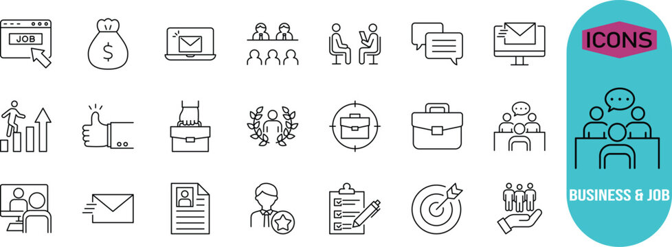 Business career job search icons. briefcase icon set, resume icon set, money bag icon set