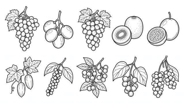 Hand drawn vine fruit branch icon set grapes kiwi passion fruit currant physalis line art coloring book vector