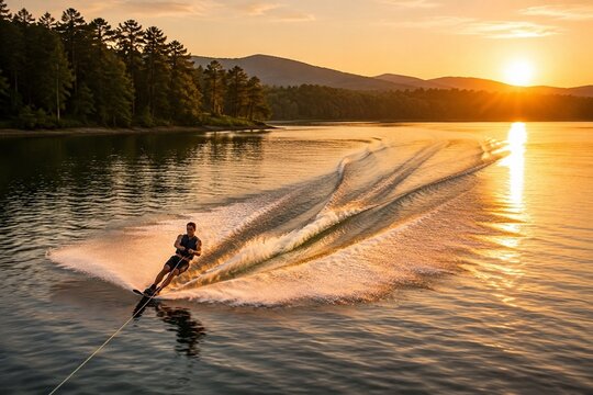 A waterskier gliding on a calm lake during the golden hour, creating a long white wake.