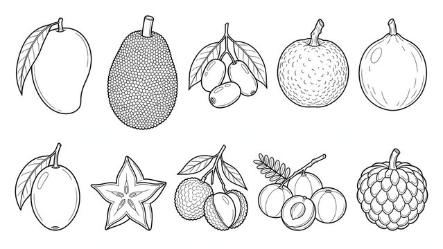 Exotic Fruit Coloring Page Lychee Starfruit Longan Line Art Set