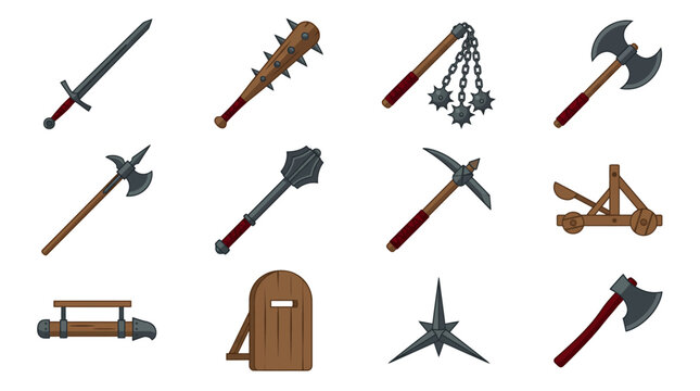 Illustrative set of medieval armaments, including swords, axes, maces, flails, a catapult, and a battering ram.