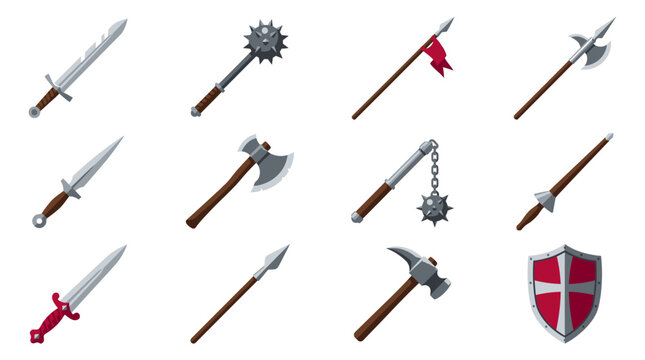 A diverse collection of stylized medieval melee weapons and a shield, featuring various swords, axes, spears, maces, a dagger, a flail, and a war hammer.