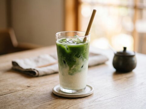 A tall glass of iced matcha latte with distinct layers of green tea and white milk, served on a coaster on a rustic wooden table, with a bamboo straw.