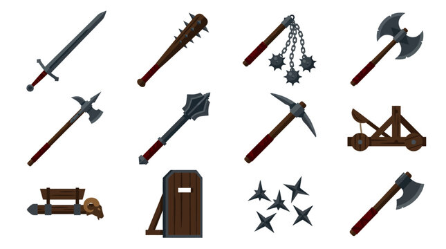 A diverse collection of medieval weaponry and siege equipment, including swords, axes, maces, flails, and a catapult.