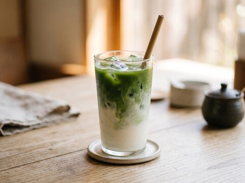 A vibrant iced matcha latte with distinct layers of green tea and milk, served in a clear glass with a straw on a rustic wooden table, capturing a moment of calm and refreshment.