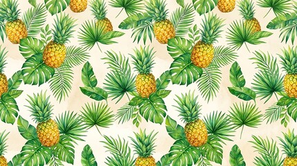 Fototapeta premium A vibrant summer pattern of pineapples and palm trees on a light background