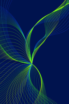 Abstract futuristic neon green and blue flowing lines background, dynamic digital network connection wave on dark blue backdrop.