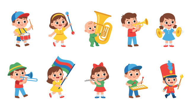 Ten cheerful cartoon children playing various musical instruments like drums, trumpets, flutes, and cymbals, ready for a band.