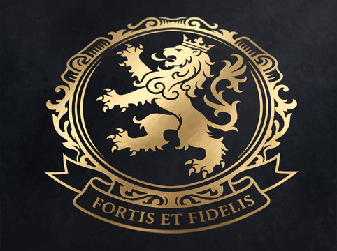 Ornate golden heraldic emblem featuring a crowned lion rampant within a decorative circular frame and a banner with the Latin motto "Fortis et Fidelis".