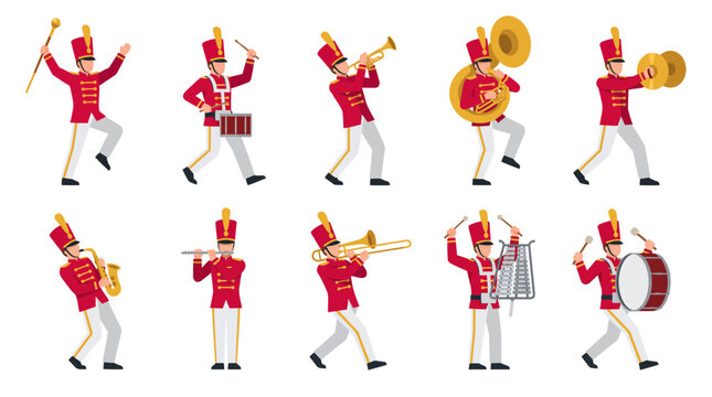 A collection of cartoon marching band musicians in red uniforms playing different brass, woodwind, and percussion instruments.