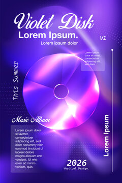 Cyberpunk club event flyer design template, aesthetic Y2K purple glowing CD disc vector illustration for techno concert.
