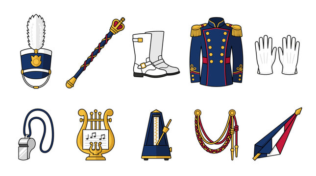 Cartoon vector illustration depicting a comprehensive set of marching band uniforms, musical equipment, and parade accessories.