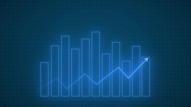 dynamic animated bar graph displaying steady increase in business growth with fluctuation on blue grid background, economic trend motion graphics for financial success and market analysis footage.