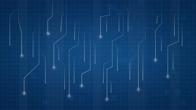 Blue digital grid background with glowing electronic circuits connecting and pulsating data signals in motion for futuristic high technology concept communication system interface.