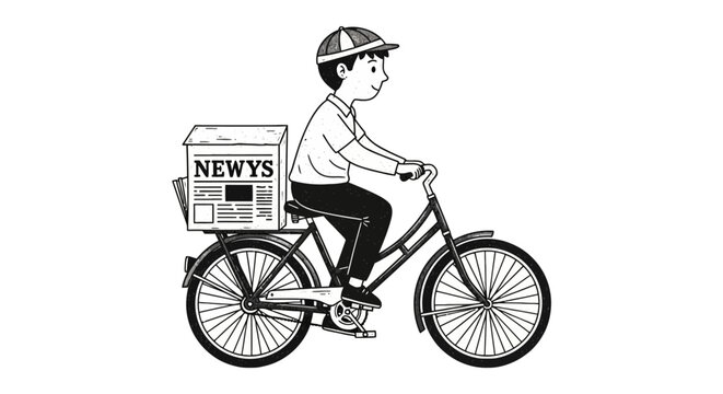 Paperboy riding a bicycle delivering newspapers