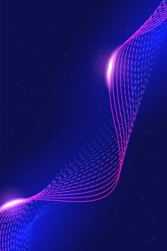 Abstract futuristic neon pink 3D wave lines background, dynamic digital big data flow on dark blue space backdrop.