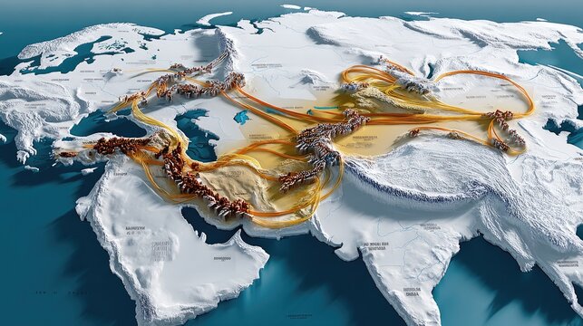 Silk Road Map: A stylized 3D map illustrating the ancient Silk Road trade routes, with elevated mountain ranges and arid desert landscapes highlighting the challenging journey across continents.