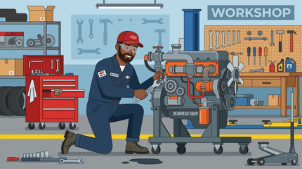 Fototapeta premium Worker Appreciation on Labor Day vector illustration of a man in a workshop scene