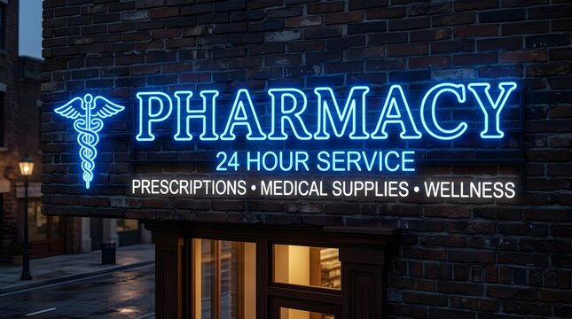 Bright blue neon pharmacy sign with a caduceus symbol mounted on a rustic dark brown brick wall exterior at night providing twenty four hour medical services
