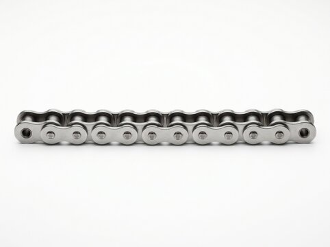 A detailed close-up shot of a metal roller chain, showcasing its individual links and pins, set against a clean white background, highlighting its mechanical precision.
