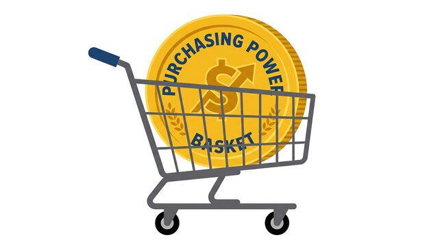 Shopping cart containing a large gold purchasing power coin vector illustration