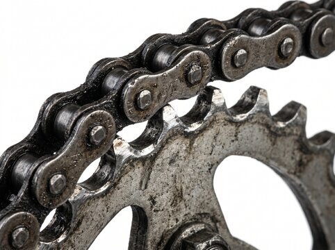 A detailed close-up shot of a grimy and well-used bicycle chain engaging with a metal sprocket, set against a clean white background, highlighting the texture and wear.