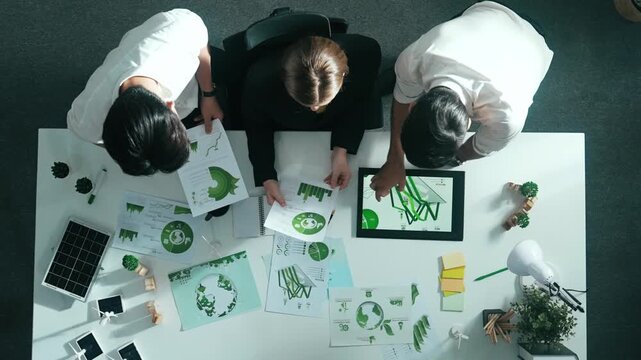 Top down view of business team discussing about renewable energy. Aerial view of skilled diverse business people working together to plan about zero waste while using laptop on table. Alimentation.