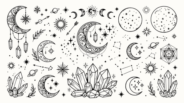 Celestial Boho Elements: Crescent Moons, Stars, Crystals, Sun, Constellations