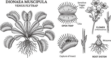 Botanical scientific diagram of a venus flytrap dionea muscipula plant structure with botanical illustration muscipula carnivorous structure scientific education research organism © Kanon Islam