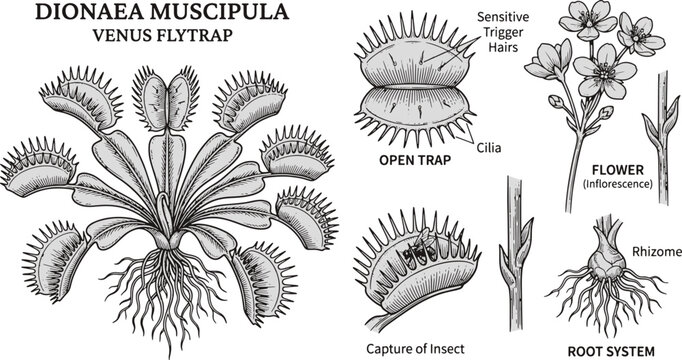 Botanical scientific diagram of a venus flytrap dionea muscipula plant structure with botanical illustration muscipula carnivorous structure scientific education research organism