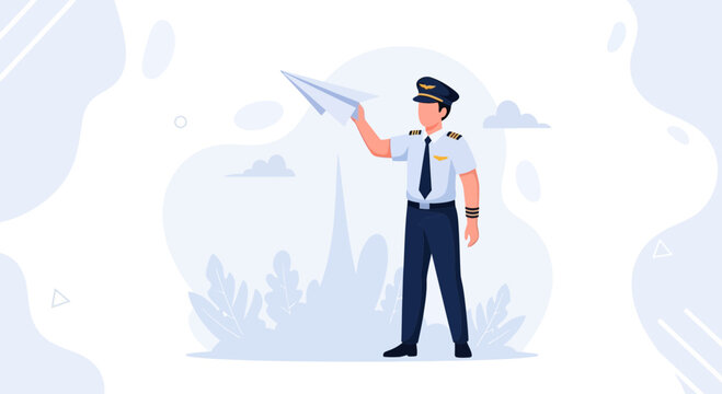 Pilot holding paper airplane, symbolizing flight, dreams, and travel, vector illustration