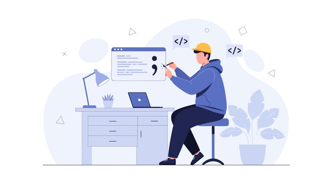 Programmer working at desk with laptop, coding on screen, representing software development and technology.