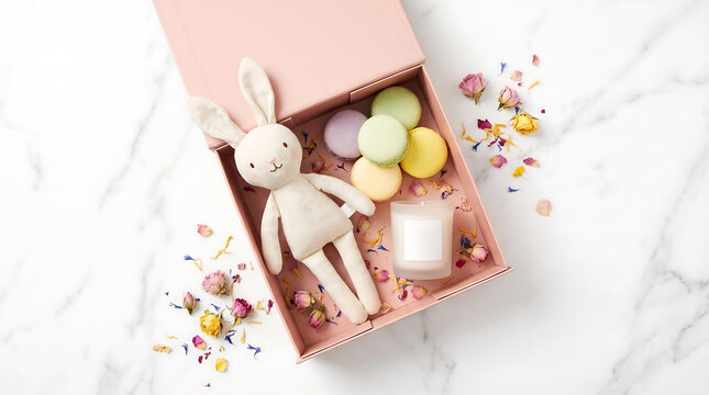 Easter bunny plush toy with macarons in pink gift box