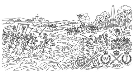 Obraz premium Historical Cavalry Battle Scene with Flags, Drums, and Castle