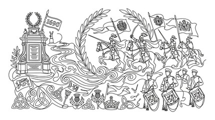 Obraz premium Historical Scottish Procession with Monument, Knights, and Drummers