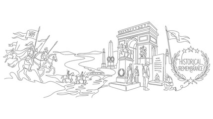 Obraz premium Historical Remembrance: Arch, Monuments, Soldiers, Cavalry, River, Landscape