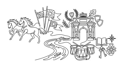 Obraz premium Historical Macedonia: Arch, Horses, Flags, River, Drums, Symbols