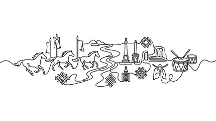 Obraz premium Mongolian Nomadic Culture Line Art: Horses, Landmarks, and Symbols